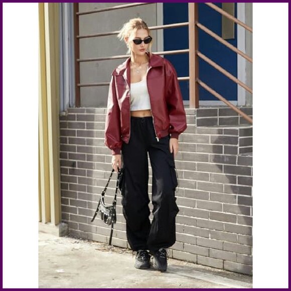 Faux Leather Motorcycle Jacket Lantern Sleeves Zipper Front Pockets - Picture 7 of 8